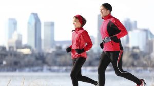 Runners running in winter city