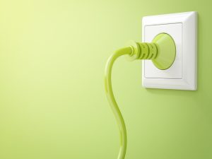 3D Rendering, Green plug in socket, clean energy, copy space