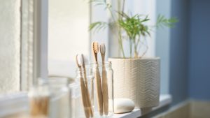 Zero waste plastic free products on bathroom window sill.