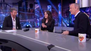 Pablo Motos, Tom Hanks y Maria Treviño en El Hormiguero