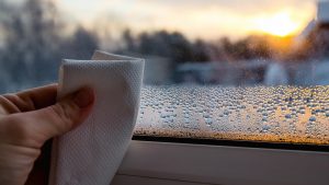 Close up view of person hand using paper cloth, drying wet condensation drops from glass window in cold winter morning at sunrise.
