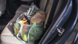 Groceries in a car.