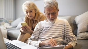 Senior couple going over their home finances