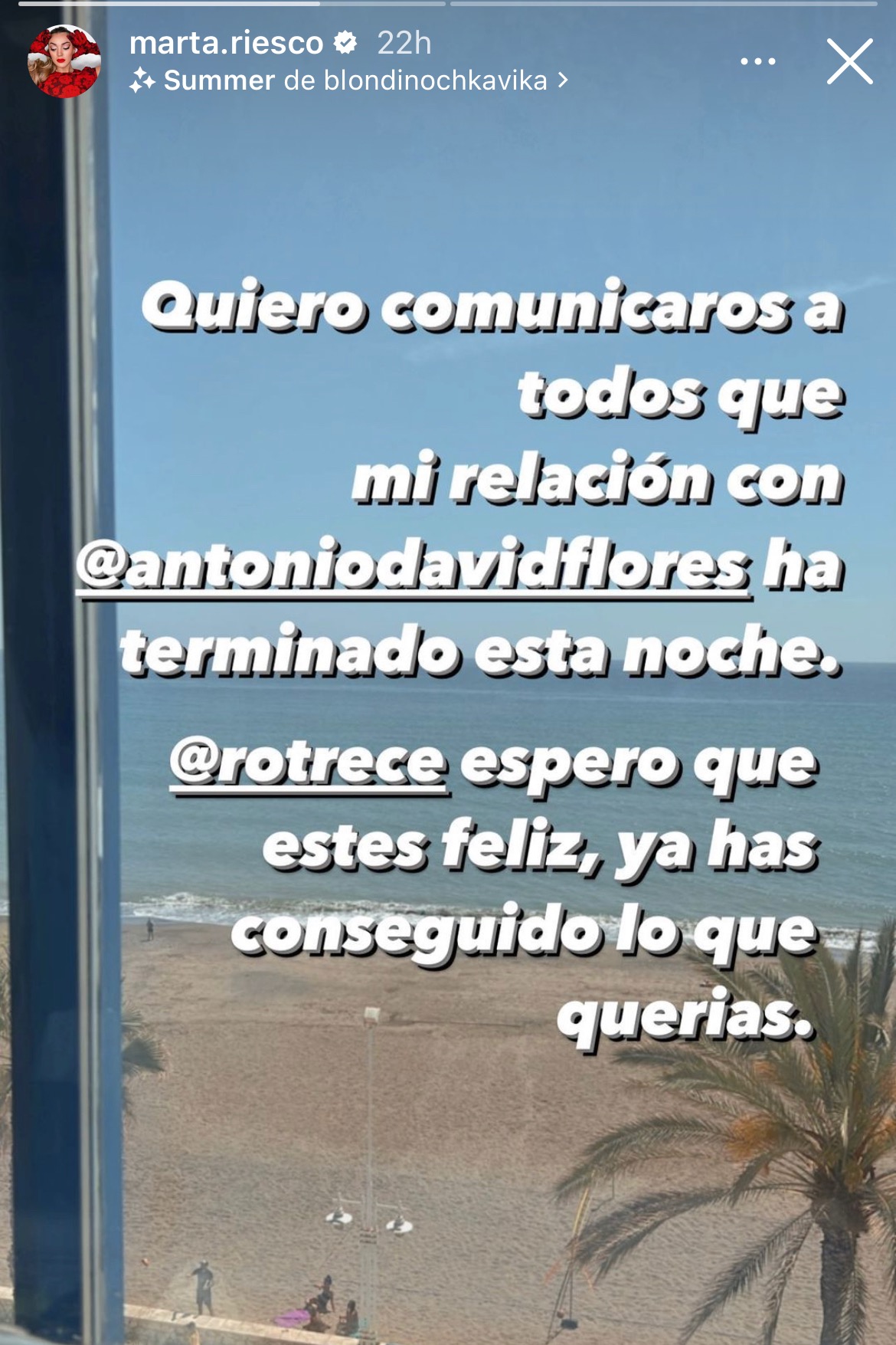 Marta RIesco anunciando su ruptura con Antonio David Flores