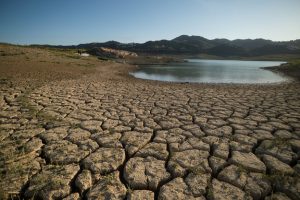The cracked and dry ground of the La Vinuela reservoir is