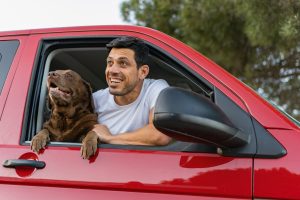 Un dueño disfrutando con su mascota de un viaje en coche.