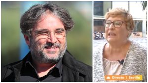 El presentador Jordi Évole y María Luisa, la vecina de Sevilla que grabó la caída de una palmera.