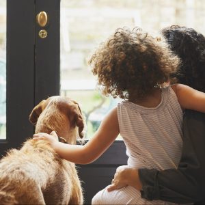 Back view of mixed race Mother and young daughter with dog looking out of kitchen window.