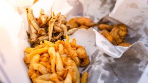 Baskets of fresh fried fish