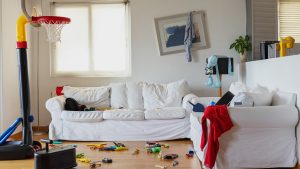 Messy living room after a kid party