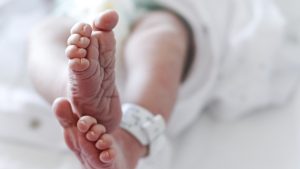 Newborn baby boy at hospital with identity tag on feet, close up