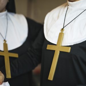 Two women dressed as nuns for Halloween