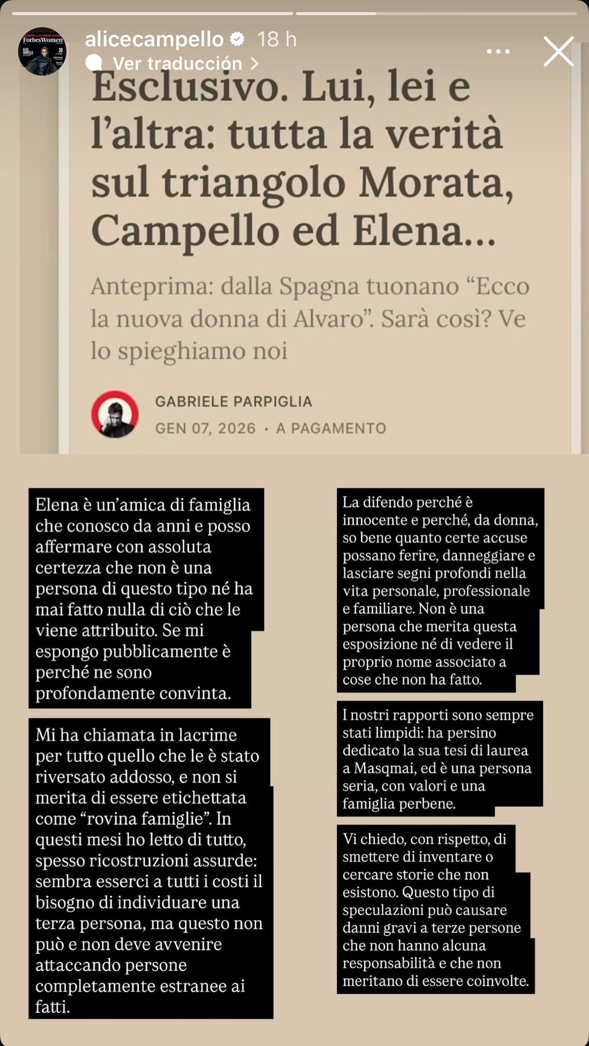 Historia de Alice Campello desmintiendo rumores