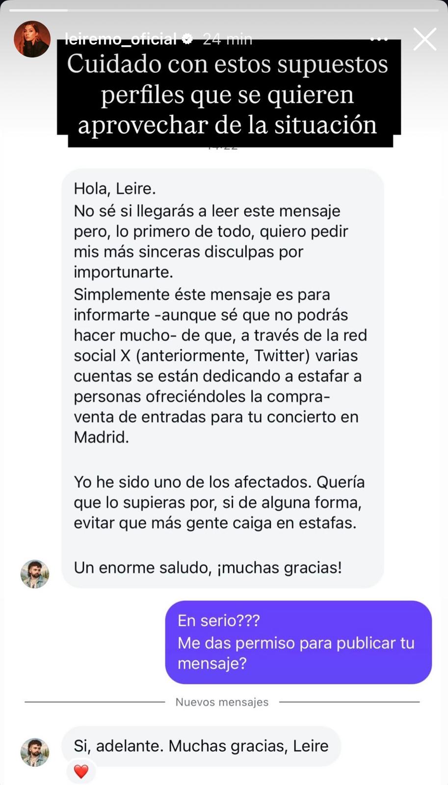 Advertencia de estafa de entradas de conciertos de Leire Martínez