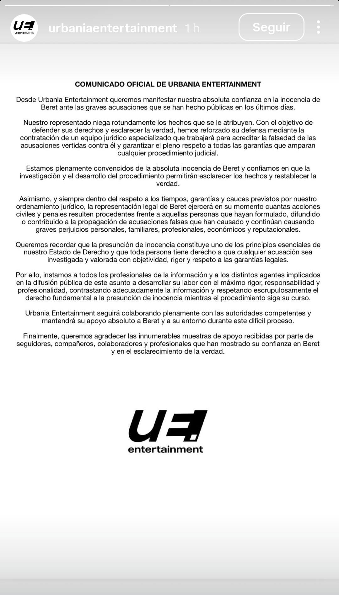 Comunicado de Urbania Entertainment