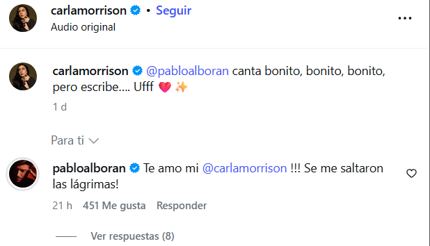 Comentario de Pablo Alborán en la publicación de Carla Morrison