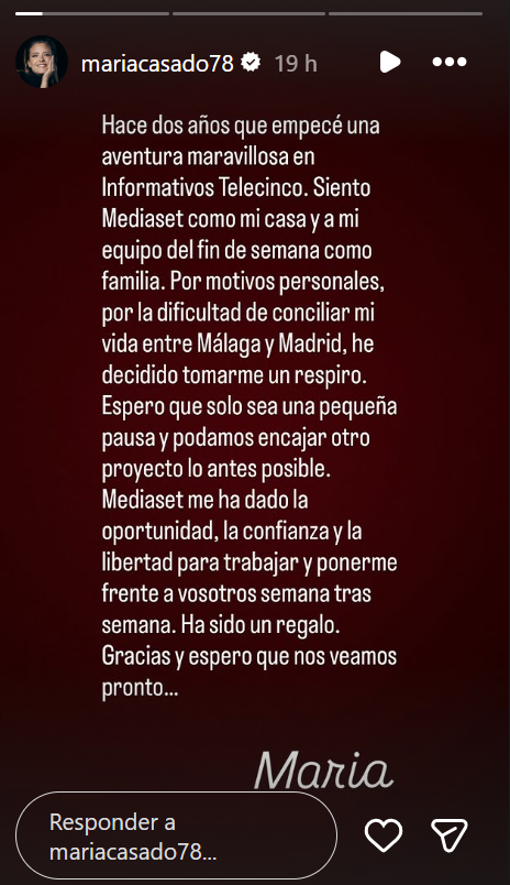 María Casado vía historias de Instagram