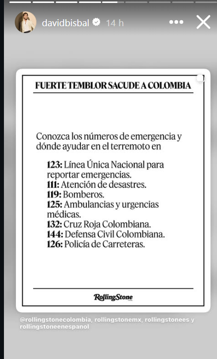 Números de emergencia compartidos por David Bisbal