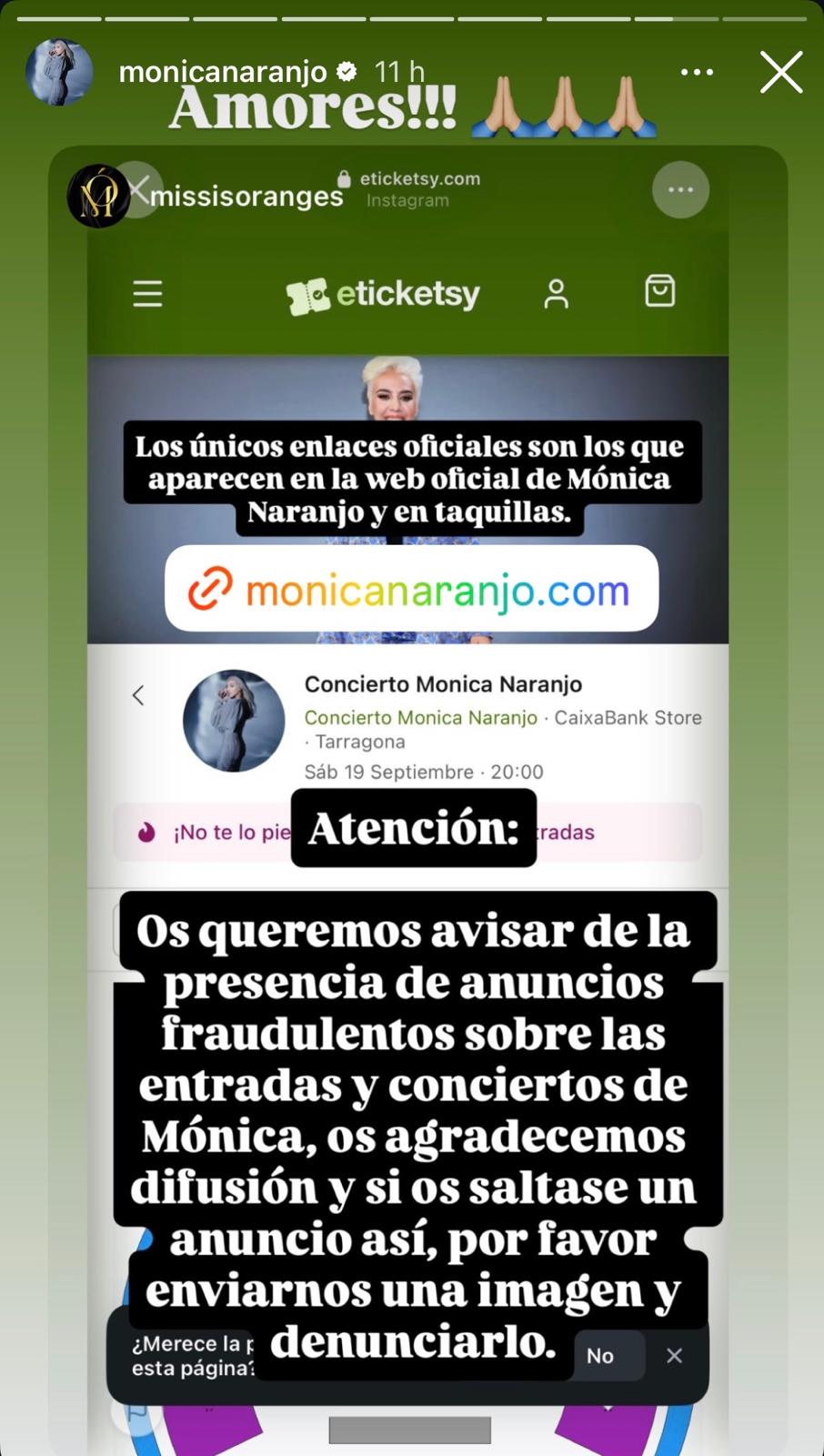 Advertencia fraudes compra de entradas I Instagram Mónica Naranjo
