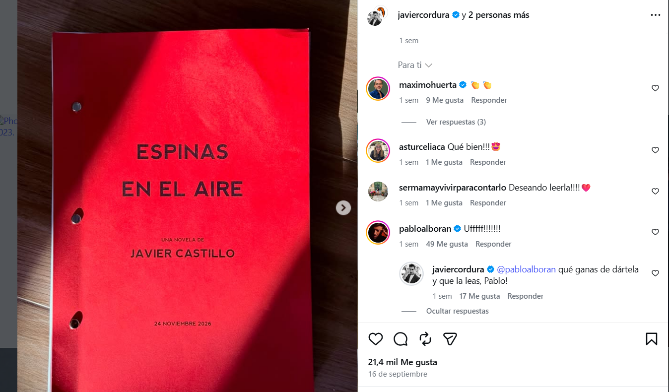 La reacción de Pablo Alborán a la nueva novela de Javier Castillo