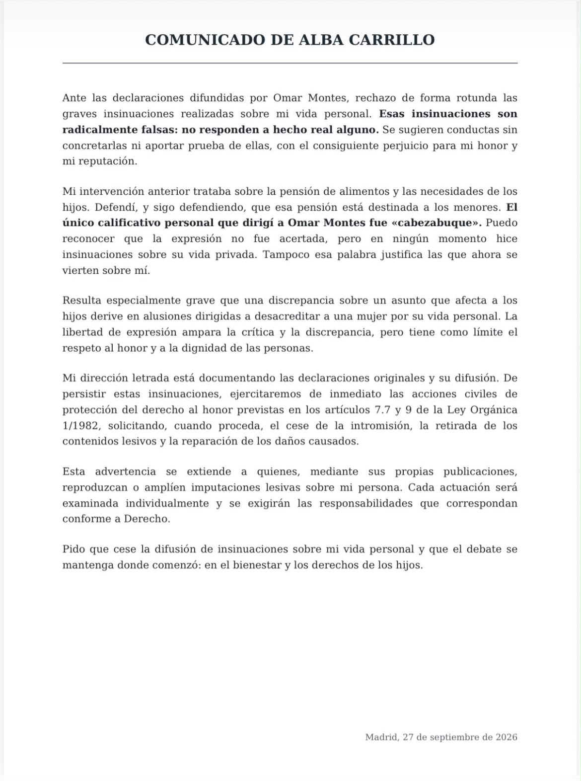 Comunicado Alba Carrillo